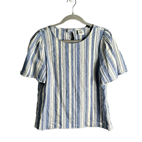 Cabi Blue and White Striped Short Puff Sleeve Blouse Small Cutout Size Small - Picture 1 of 9